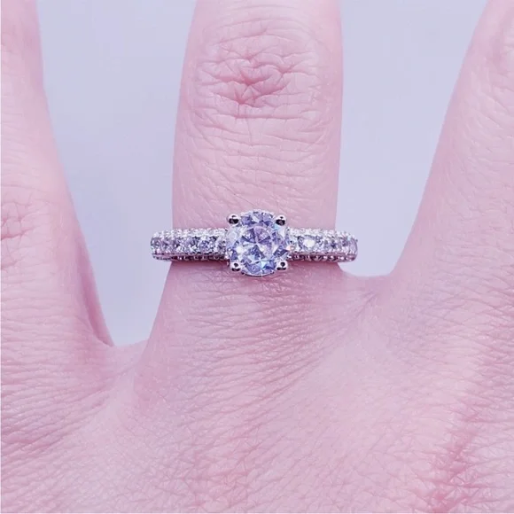Round Cut Diamond Simulants Silver Tone Pave Engagement Ring